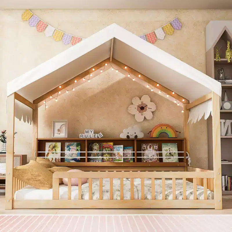 Full Size Floor Bed with LED Light, Wooden House-Shaped Floor Bed with Storage Bookshelves Fense and Curtain for Boys Girls