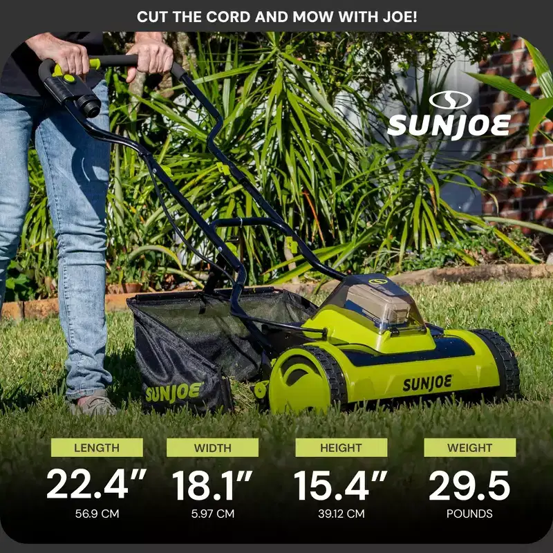 Sun Joe Cordless Push Reel Lawn Mower, 15 Yard Trimmer w/ 11.9-Gal Bag, 24V, Black/Green - Heavy-Duty Gardening Machine and Equipment for Grass,