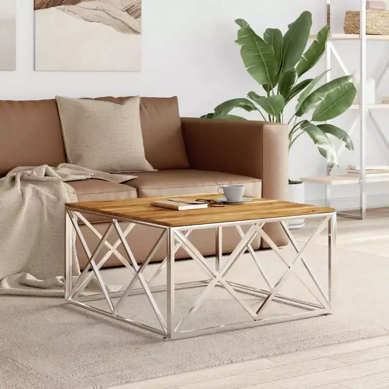 vidaXL Coffee Table Accent Side End Table for Living Room Stainless Steel - Silver and Light Brown Wood