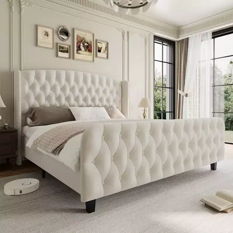 GustoWave Velvet Upholstered Platform Bed Frame, with Deep Button Tufted Wingback Headboard