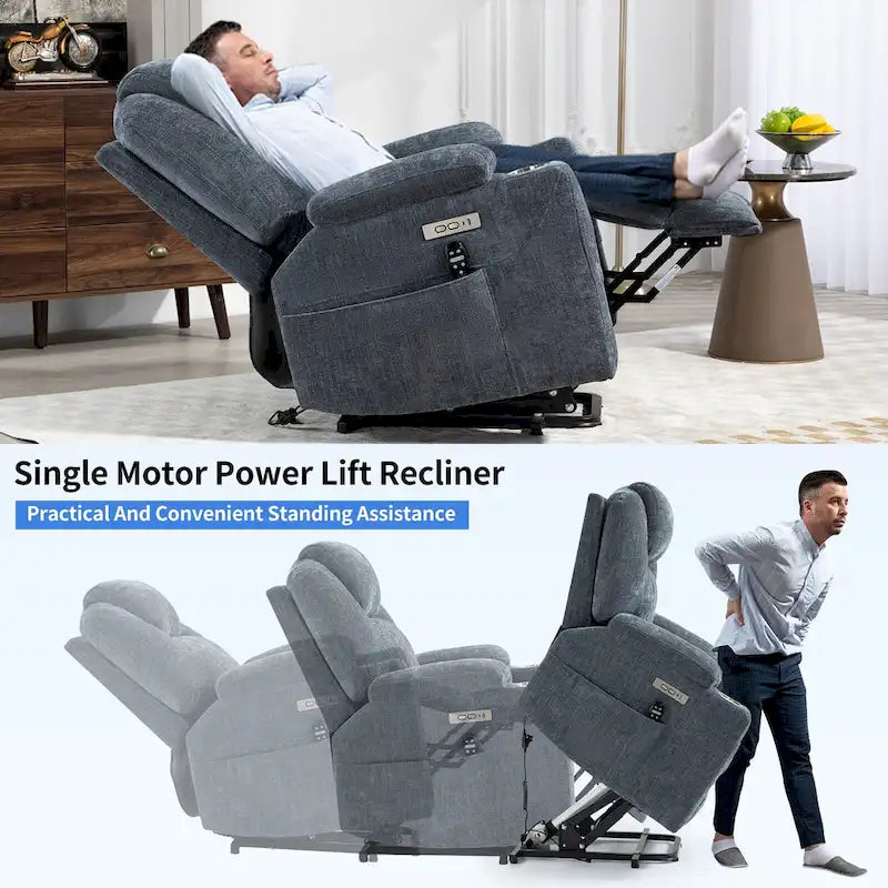 Power Lift Recliner | 8-Point Massage | Lumbar Heat | Dual USB | Steel Cup Holders | Blue
