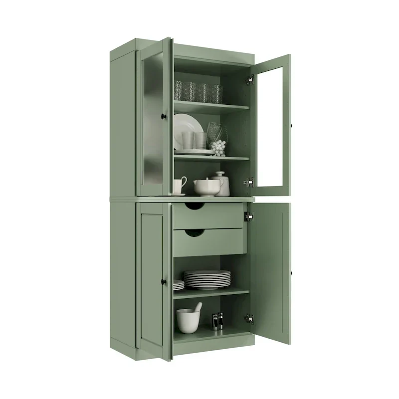 Armoire de rangement 100 % bois massif avec portes en verre dépoli, portes pleines, 2 tiroirs et étagères réglables.