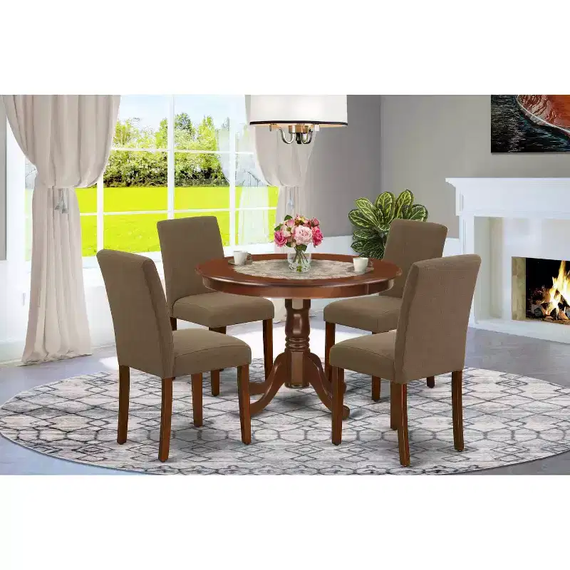 Round Dinette Set 5 Piece - Kitchen Table & Chairs - Modern Dining Set - Coffee Linen Fabric - Elegant Design
