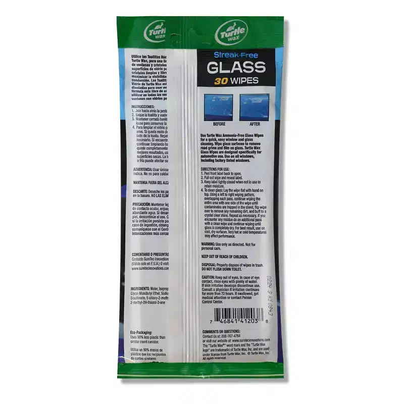 Turtle Wax Glass Auto Wipes Pouch 30ct: Streak-Free Car Cleaner, Automotive Interior Cleaning Supplies