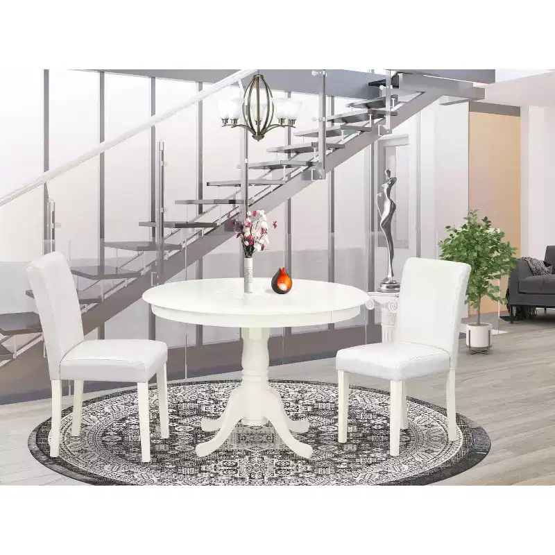 Kitchen Table Set 3 Piece - Round Dining Table & 2 Chairs - Small Space Dining Set - 42 Inch Linen White