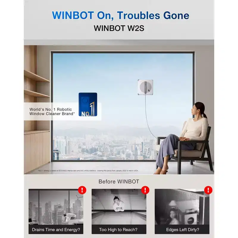 ECOVACS WINBOT W2S Window Cleaning Robot, Intelligent Edge-to-Edge Cleaning with TruEdge Scrubbers, 3 Water Nozzles, Win-SLAM 4.0 Route Planning