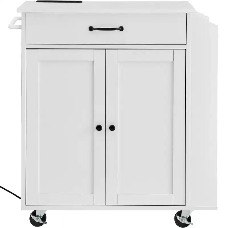 VIYET Kitchen Island Cart Rolling Storage Cabinet on Wheel with Charging Station,white