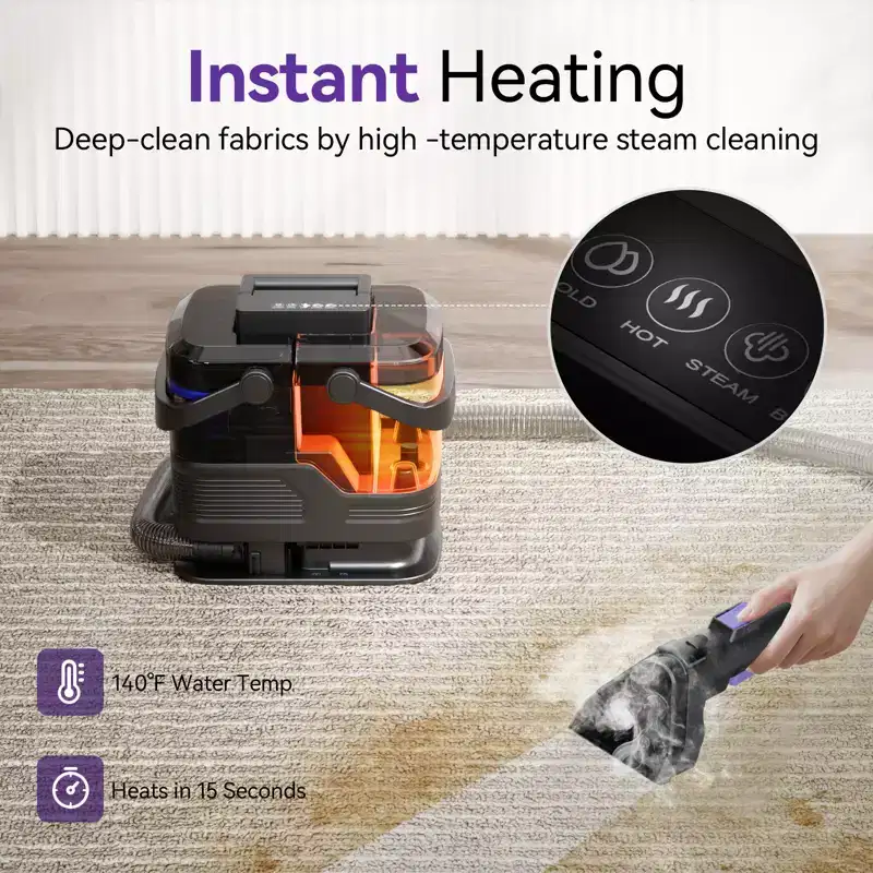 Portable Steam and Hot Water Carpet Cleaner with Dual Tanks 20KPa Suction 500W Motor 2 Cleaning Tools