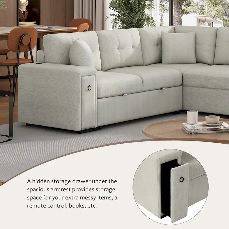 L-Shaped 4-Seat Sectional Sofa with Pull-Out Bed, Ottoman, USB Ports & Drop-Down Table