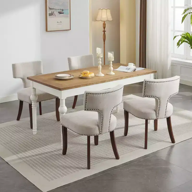TUYOHW Farmhouse Dining Chairs Set of 2,Mid-Century Modern Side Chairs Soft Linen Fabric with Solid Wood Legs,Nailhead Trim for Home Decor