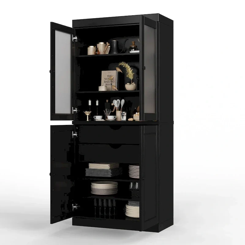 Armoire de rangement 100 % bois massif avec portes en verre dépoli, portes pleines, 2 tiroirs et étagères réglables.