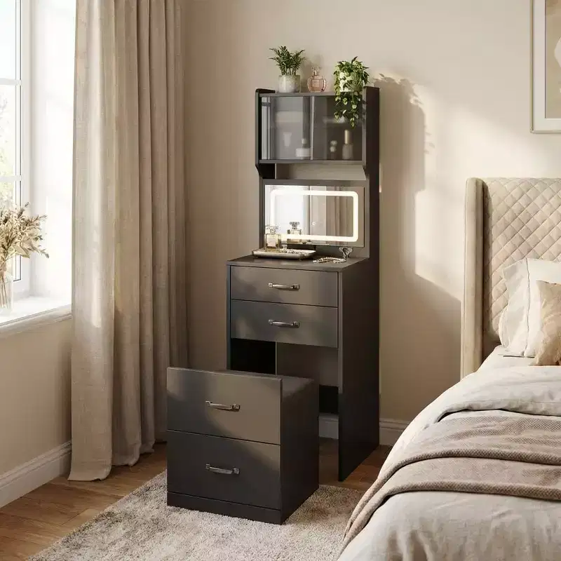 3 in 1 Compact Walnut Vanity Set with LED Mirror, Hidden Storage Stool, Acrylic Doors & Drawers, Narrow Dressing Table for Small Spaces