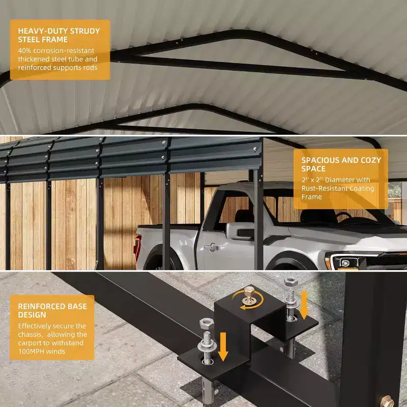 Abri d'auto LinTimes 12 x 24 pi en métal avec toit en acier galvanisé, cadre thermolaqué, abri résistant à l'eau pour véhicules, protection extérieure