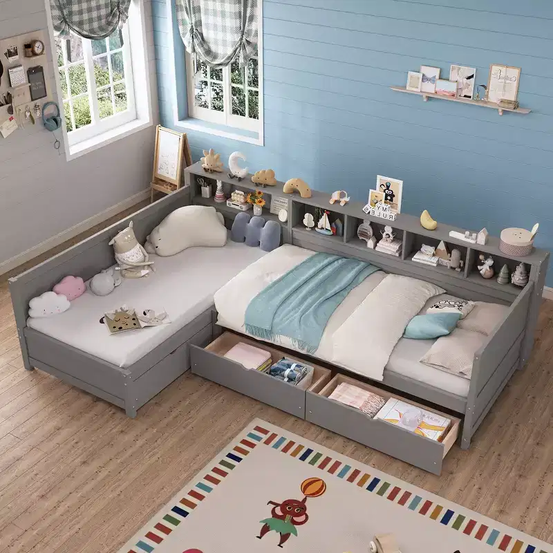 Whisen Twin L-Shape Day Bed, Wooden Corner Bed Frame with 3 Drawers, Bookshelf
