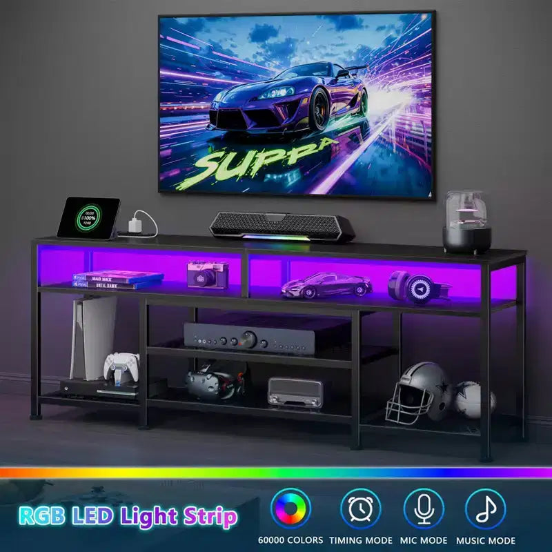Qwatto 63 Inch Black TV Stand with Charging Station LED Lights Entertainment Center for TVs up to 70 Inch Media Console Storage Shelves Living Room
