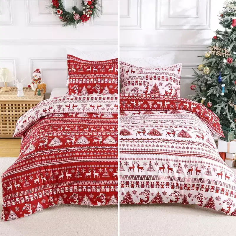 Christmas Duvet Cover, 3 Piece Reversible Printed Bedding Set with Reindeer Christmas Tree Pattern, Holiday Theme Comforter Cover Set