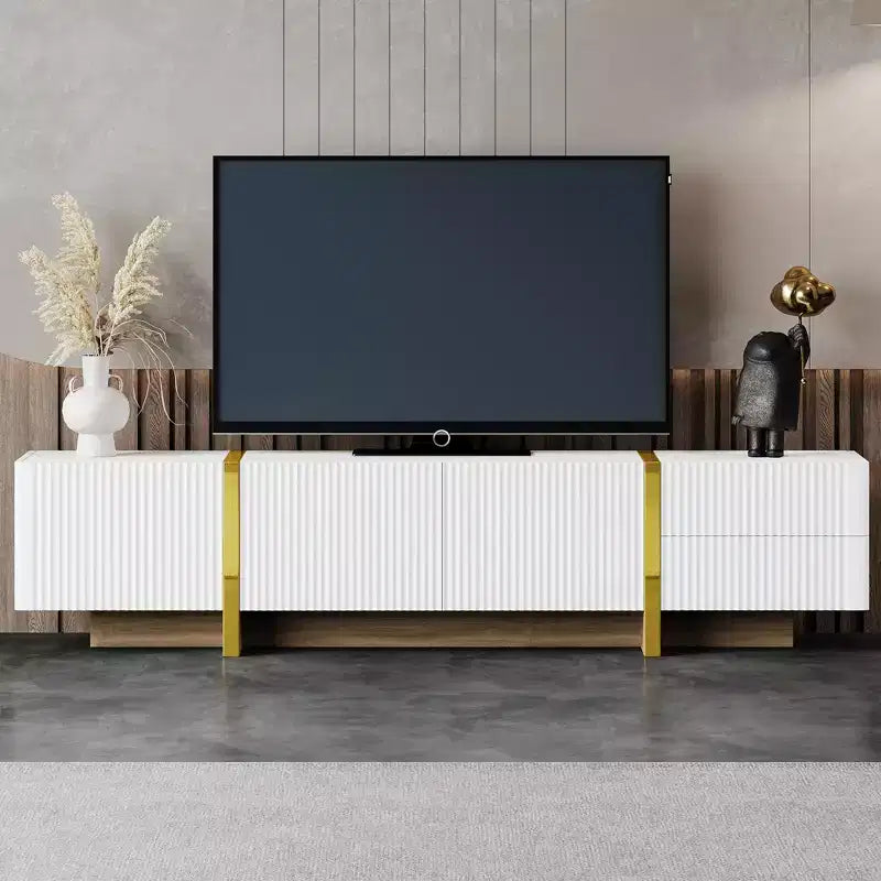 VIYET 74Luxury Fluted TV Stand for 80 TVs, White Media Console w/ Storage Cabinets/Drawers & Golden Wood Grain Legs
