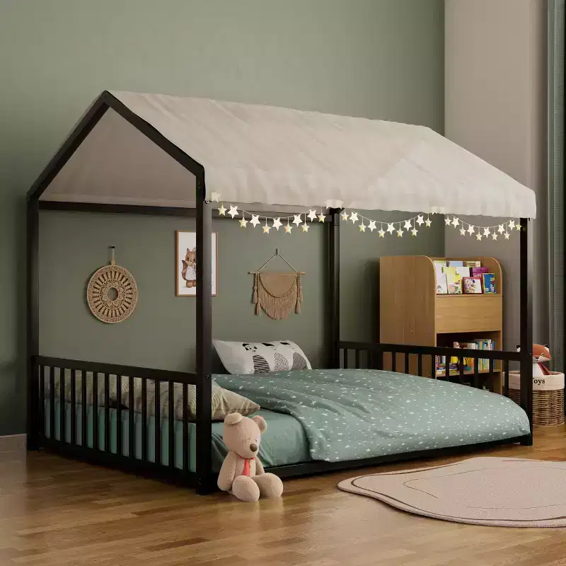 Full Size Metal Floor Bed Frame with House Shape and Guardrails, Montessori Style for Kids