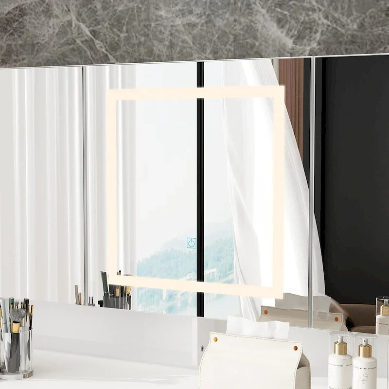 White Vanity Table with LED Lighting, Tri-Fold Mirror and Storage Drawers