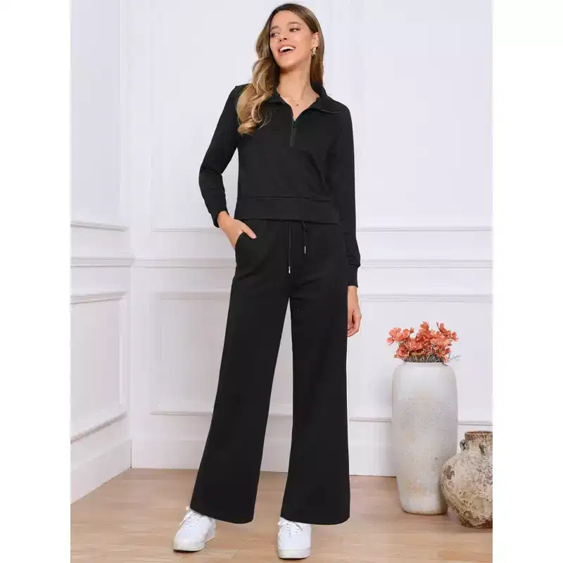 INSPIRE CHIC Women's Half Zip Crop with Stylish Collar and Wide Leg Pants Casual Sweatshirts Tracksuit Set