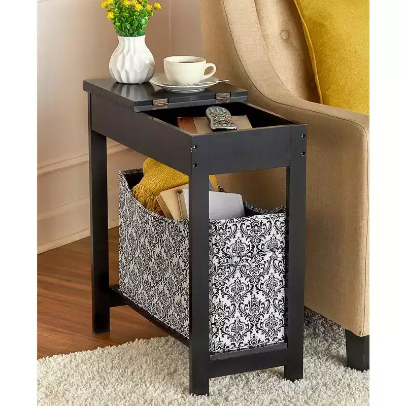 The Lakeside Collection Side Table with Fashion Print Storage Bin - Wood with Fabric Basket