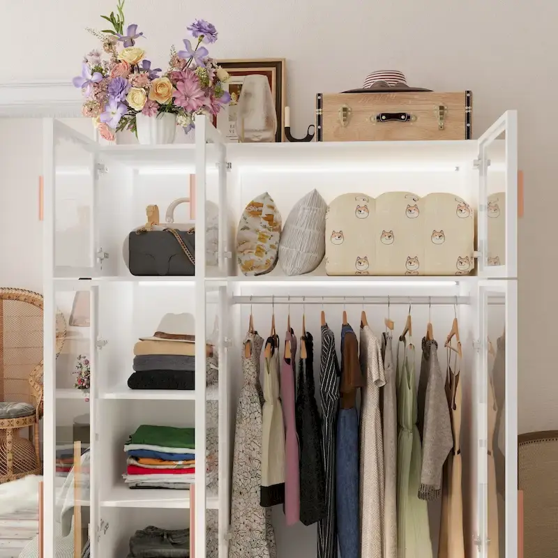 Armoire de rangement avec éclairage LED et portes entièrement vitrées, style dressing.