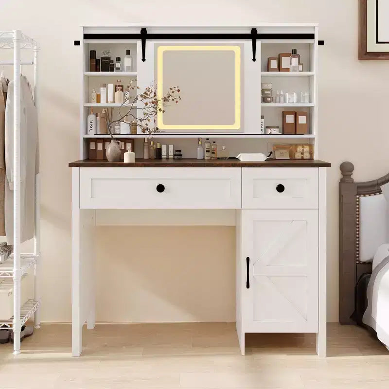 GustoWave Vanity Desk with Mirror, Modern White Makeup Table with Drawers & Storage Stool, Dressing Table for Bedroom, Spacious and Stylish Organizer