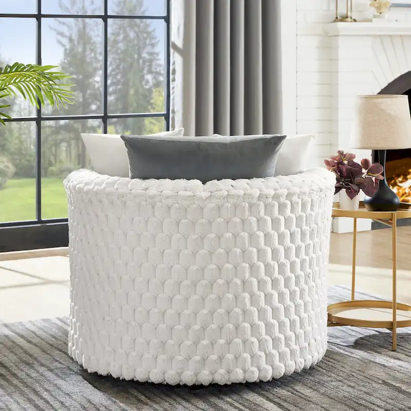 Off White 3D Upholstered Barrel Accent Chair with Wheels