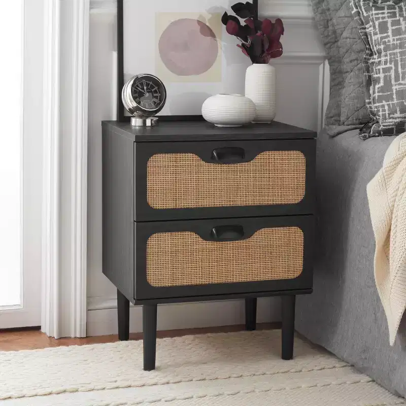 2-Drawer Nightstand with Rattan Mesh, Walnut Veneer