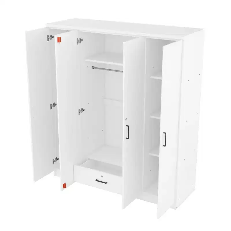 Armoire-penderie en bois à 4 portes avec tringle, 1 tiroir et étagères de rangement