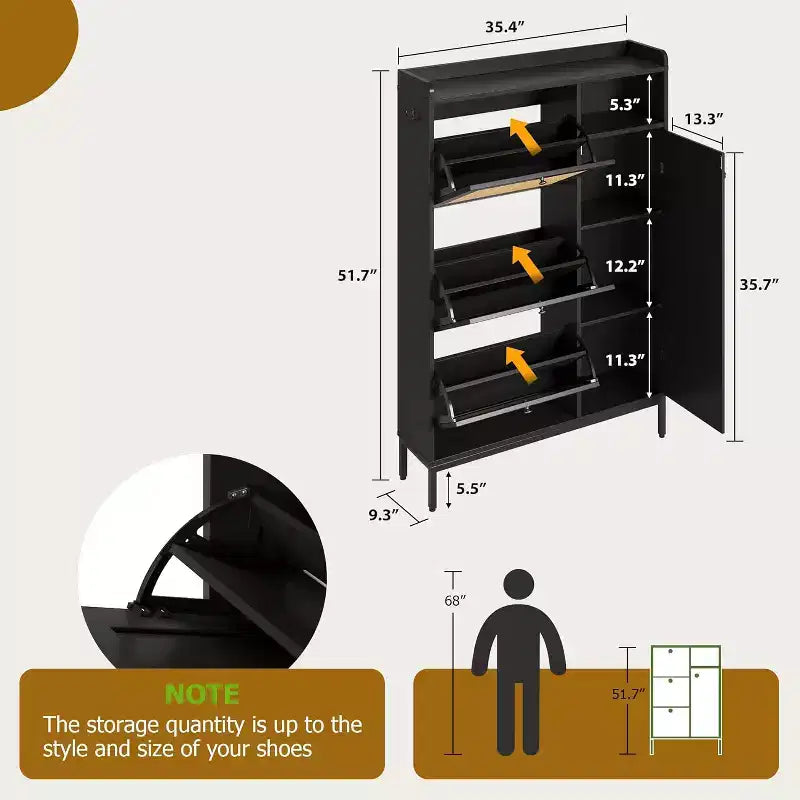4-Tier Rattan Shoe Storage Cabinet with 3 Flip Drawers, Freestanding Shoe Organizer with Adjustable Shelves for Entryway, Closet, Hallway