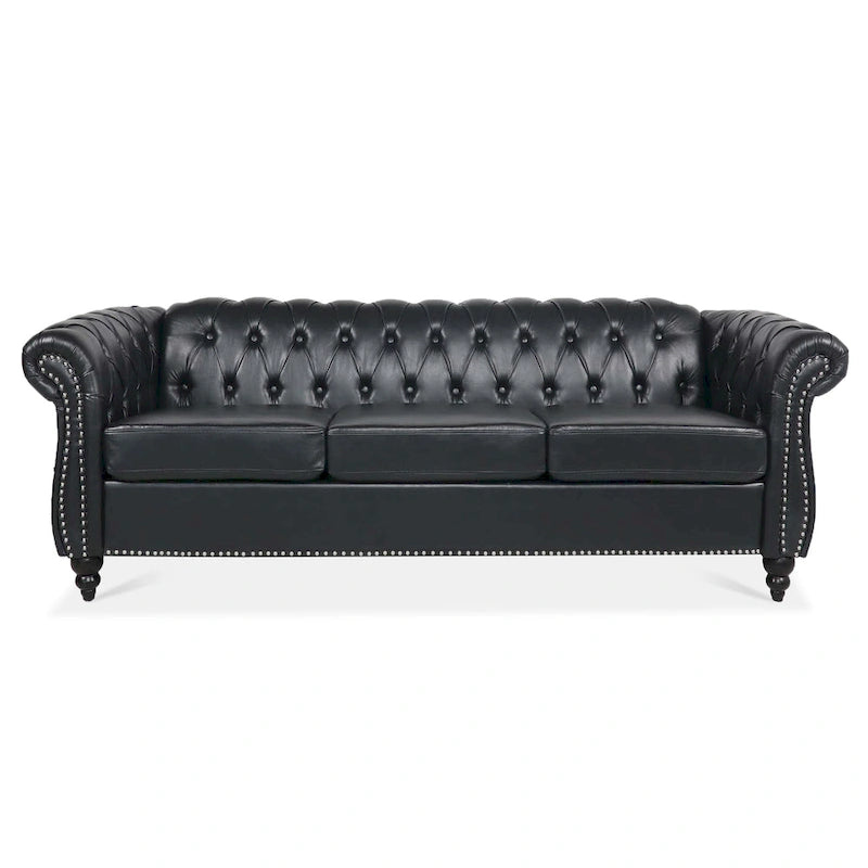 84 Mid-Century Modern 3-Seater Chesterfield Sofa, PU Leather, Birch Legs, 660 lbs