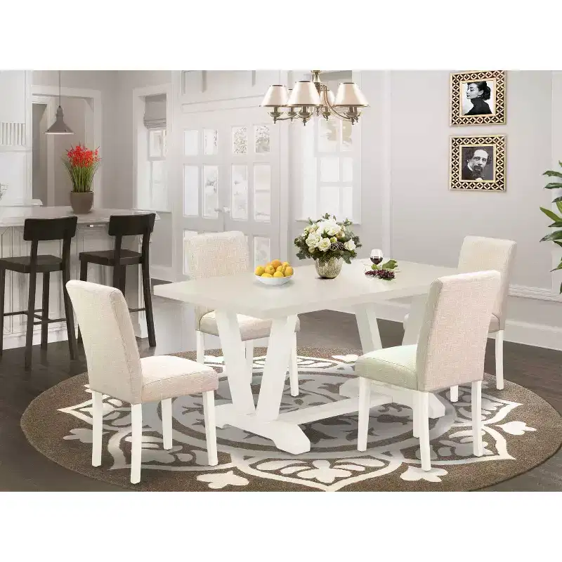 HomeStock 5-Pc Rectangle Natural Oak Finish Solid Wood Top Dining Table with 4 Parson Chair