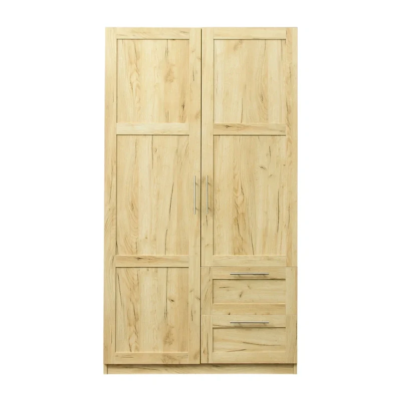 Armoire-penderie en bois blanc avec portes, tiroirs et tringle.