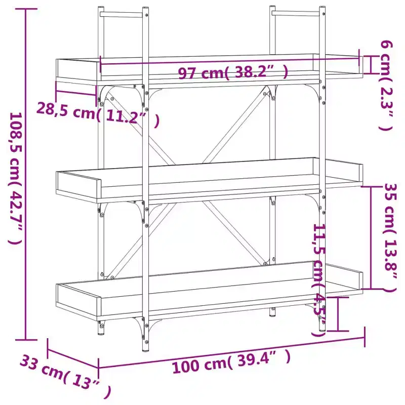 vidaXL Bookcase Brown oak Engineered wood and metal 39.4 x 13.0 x 42.7 in