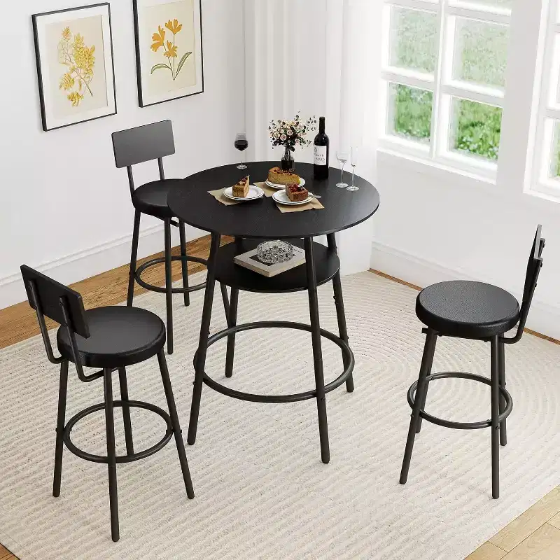 Zevemomo 4 Pieces 28.9 Round Bar Table Set with 3 Thickened Cushion Stools with Backrest for Small Space, Bistro, Black