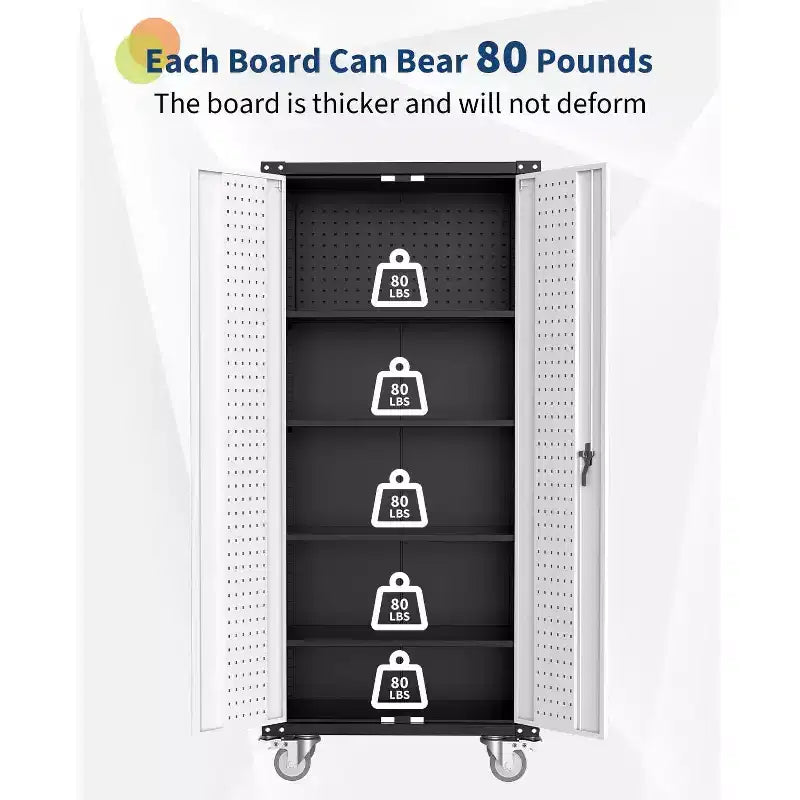 Steel Rolling Tool Cabinet with Lock | Heavy-Duty Garage Storage w/ 4 Adjustable Shelves & Pegboard