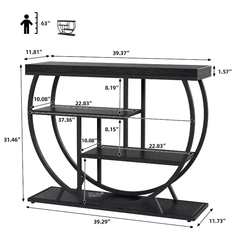 Industrial Farmhouse Console Table for Entryway - 39 Narrow Half-Circle Metal Frame, 3-Tier Storage Shelves - Living Room & Hallway Furniture Set
