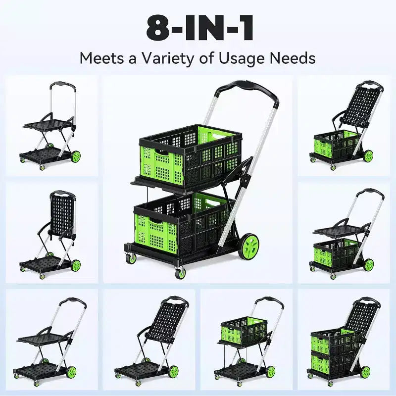 BSMTEK Double Basket Collapsible Shopping Cart with Wheels Green