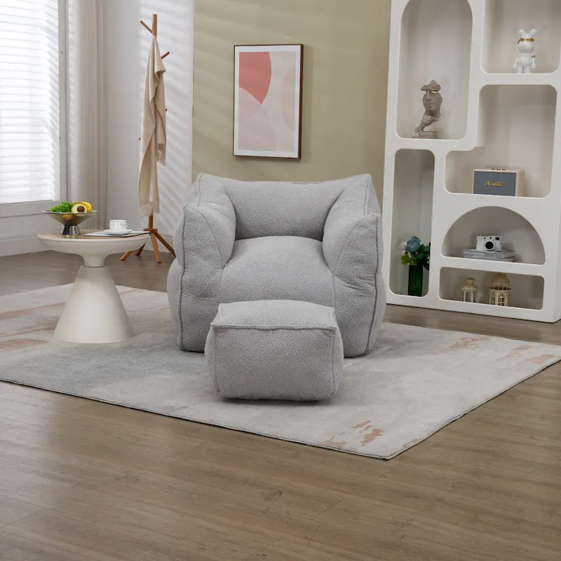 Boucle Deep Seat Armless Bean Bag Chair with Ottoman