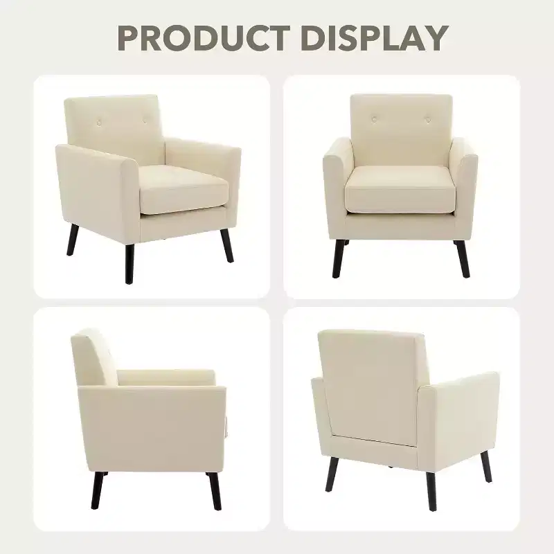 Accent Chair with Linen Fabric, Upholstered Armchair with Wood Legs & Thick Cushion