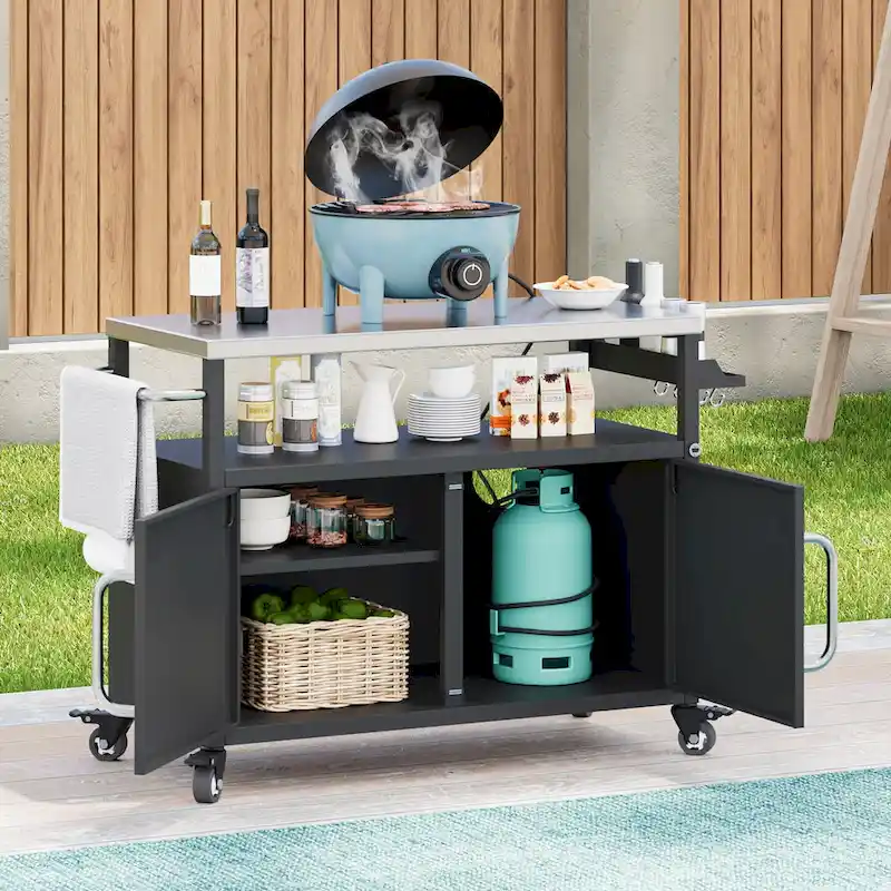 Îlot de cuisine extérieure avec plateau en acier inoxydable, chariot de barbecue en métal avec meuble de rangement - Non applicable