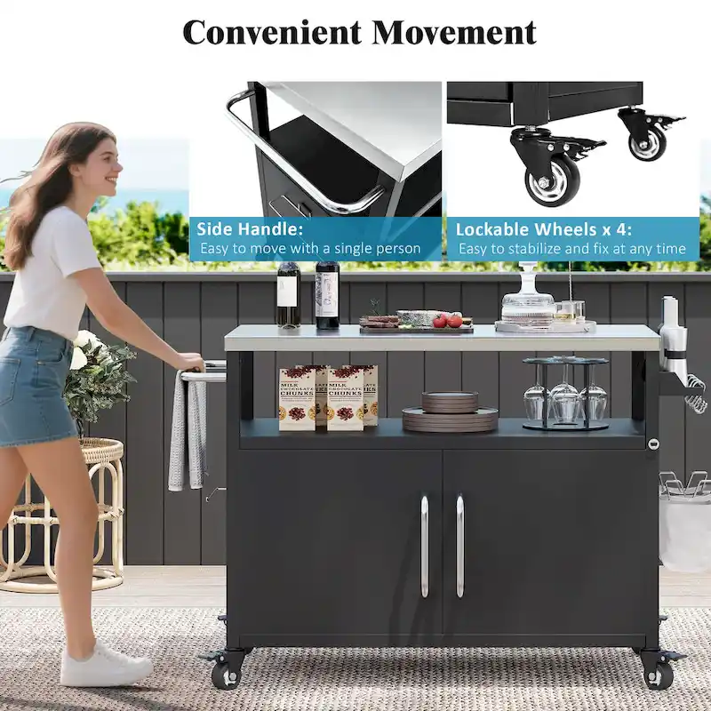 Îlot de cuisine extérieure avec plateau en acier inoxydable, chariot de barbecue en métal avec meuble de rangement - Non applicable