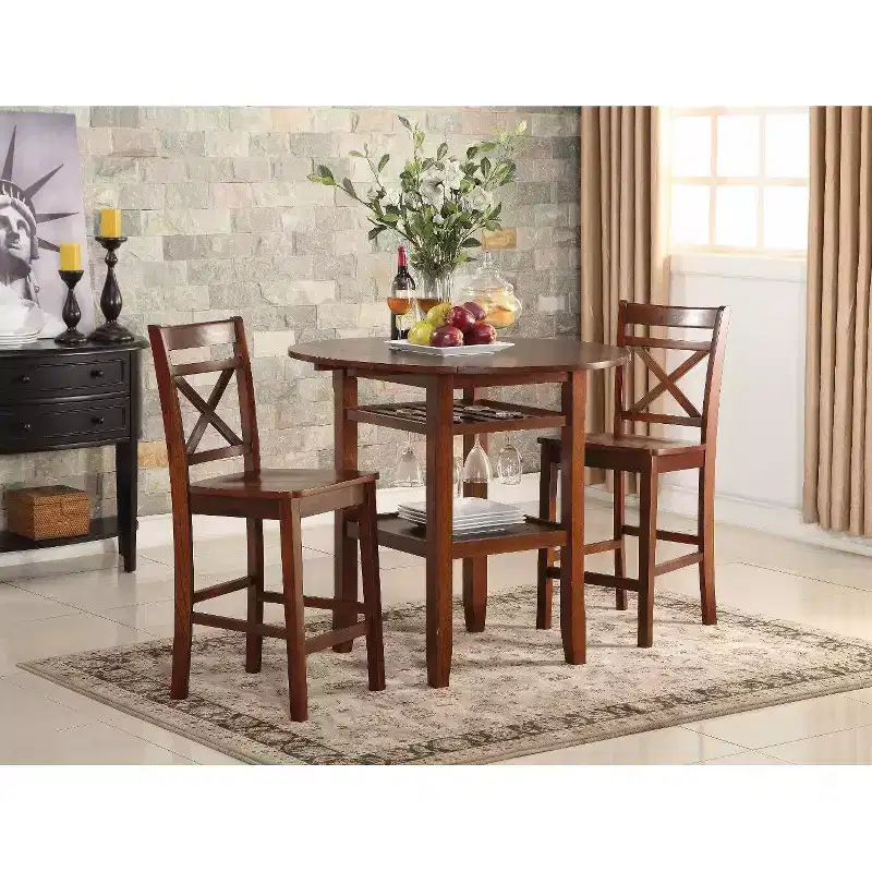 Royal Hampton Round Top Wooden Counter Table with Stemware Rack and 2 Drop Leaves, Brown