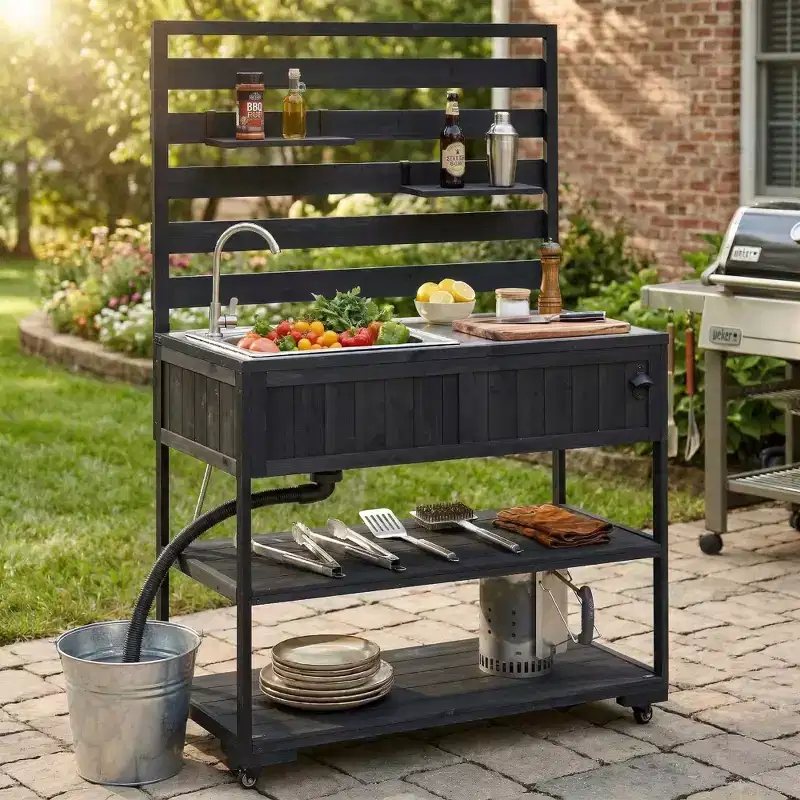 GDFStudio Shiloh 41.7 Outdoor Potting Bench with Stainless Steel Sink, Movable Shelves