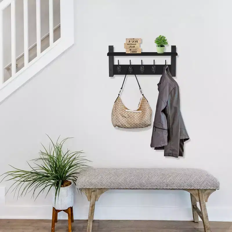 Sorbus 16 Inch Floating Wall Shelf with 5 Heavy Duty Hooks  for Entryway, Bathroom, Bedroom, Kitchen, or Mudroom