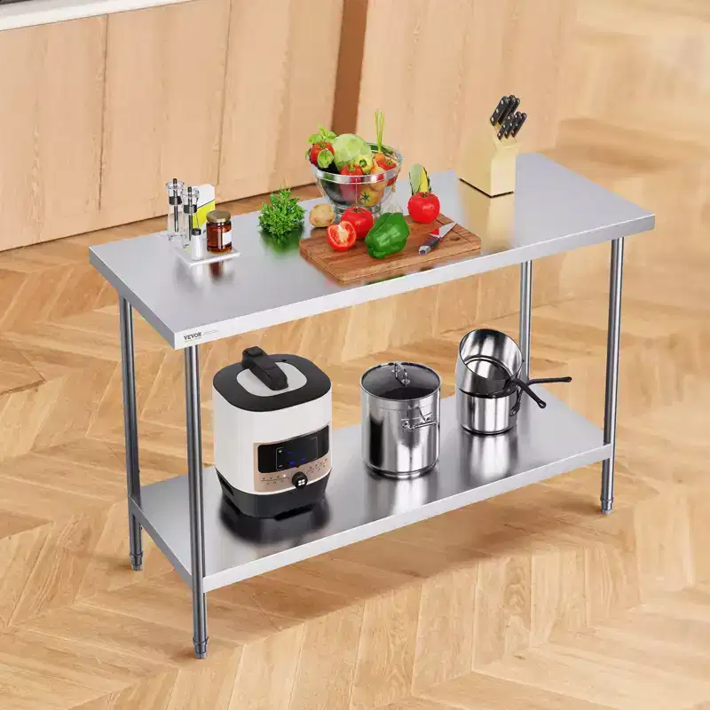 VEVOR Stainless Steel Prep Table, 24 x 60 x 34 Inch, 840 lbs Load Capacity, Heavy Duty Metal Worktable with 3 Adjustable Height Levels
