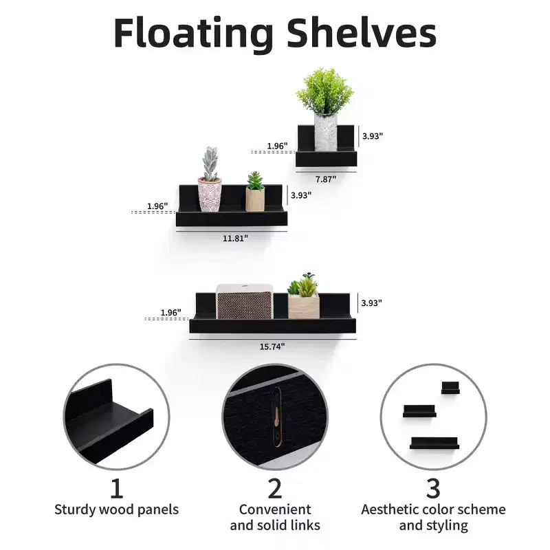 15.7 Black Floating Shelf C invisible-bracket wood wall mount, perfect bathroom/bedroom/kitchen dcor or book/plant display, easy install.