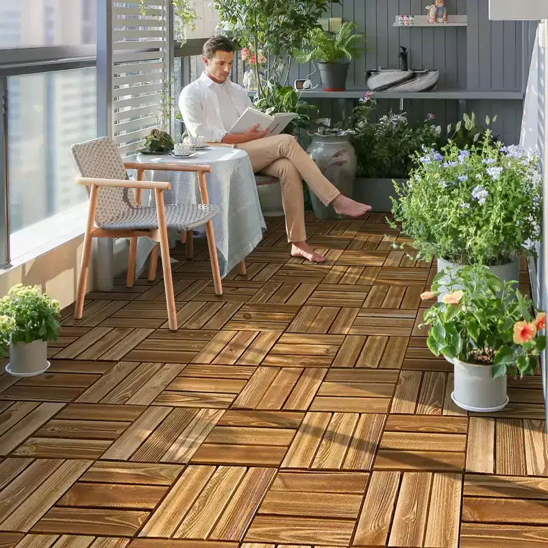 VEVOR Interlocking Deck Tiles Solid Wood, 10 Pack,12x12 Waterproof Camphor Pine Wood Flooring All Weather Use, Patio Floor Decking Covering Tiles