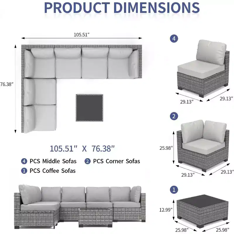 7 PCS Outdoor Patio Furniture Set, Wicker Sectional Sofa Set Rattan Modular Conversation Couch Set with Cushions for Outside, Garden, Balcony, Porch